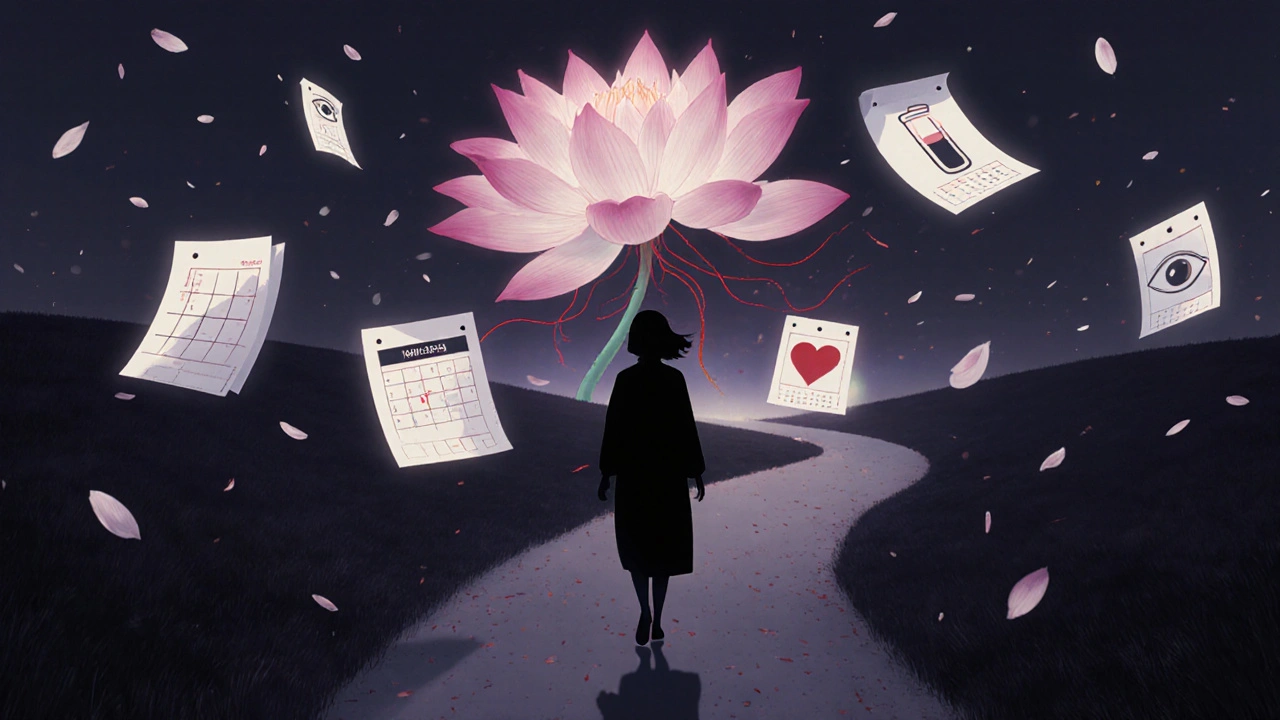 A figure walking past floating calendar pages with medical symbols, a crimson lotus blooming behind.