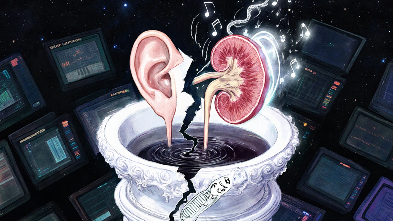 A fused ear and kidney sculpture with genetic helix, cracking as sound and fluid escape, under silent hospital monitors.