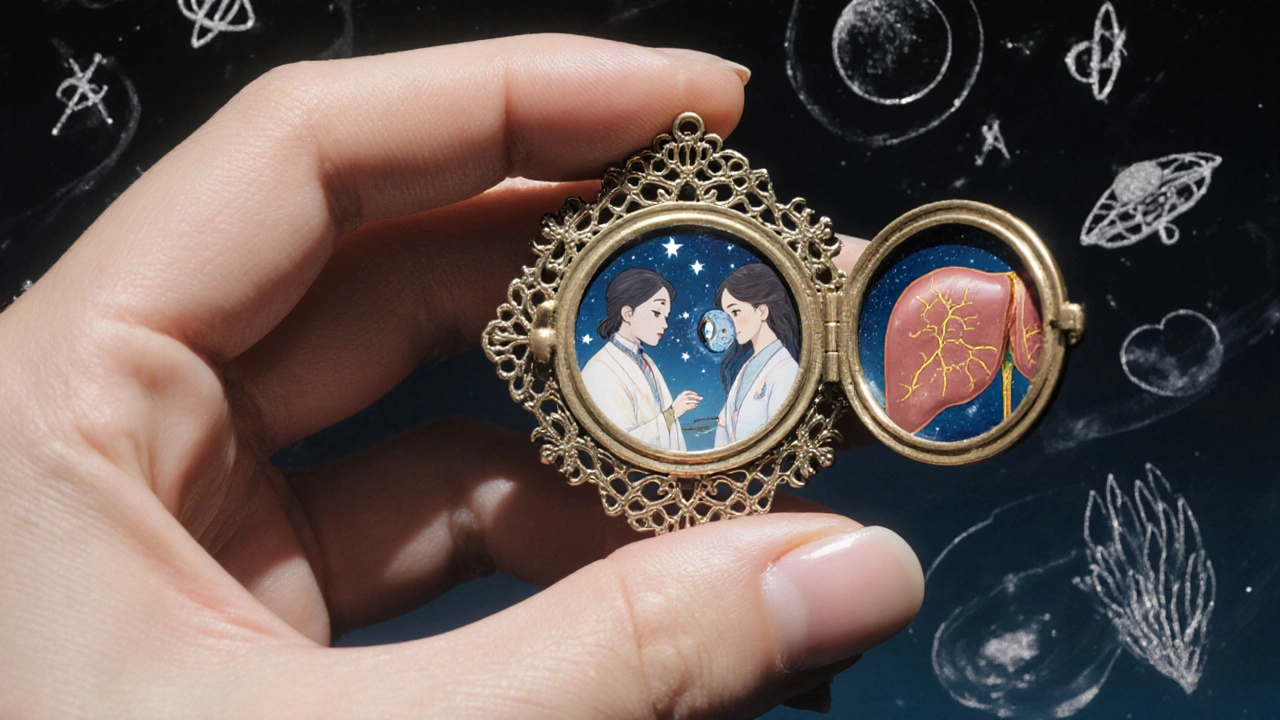 A hand holding a locket revealing miniature medical scenes, surrounded by delicate filigree and moonlight.