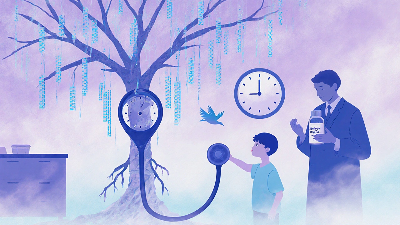A stethoscope willow tree with test strips as leaves and audiogram roots, in a dreamlike hospital landscape.