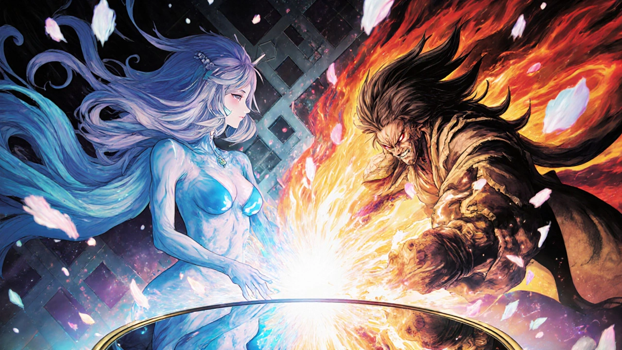 A symbolic battle between Adapalene and Benzoyl Peroxide as spectral figures, forming a cosmic vortex above a mirror reflecting clear skin.