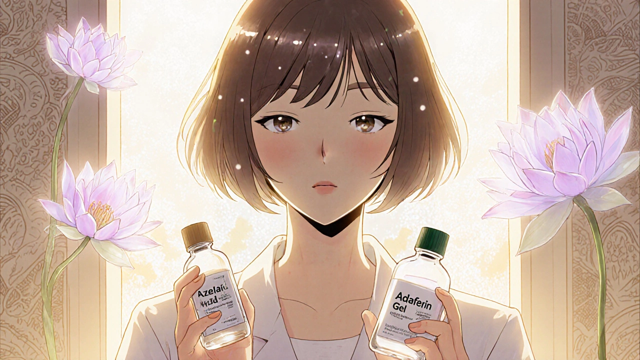 A woman holding Azelaic Acid and Adaferin Gel as past acne scars dissolve into lotus flowers under soft morning light.