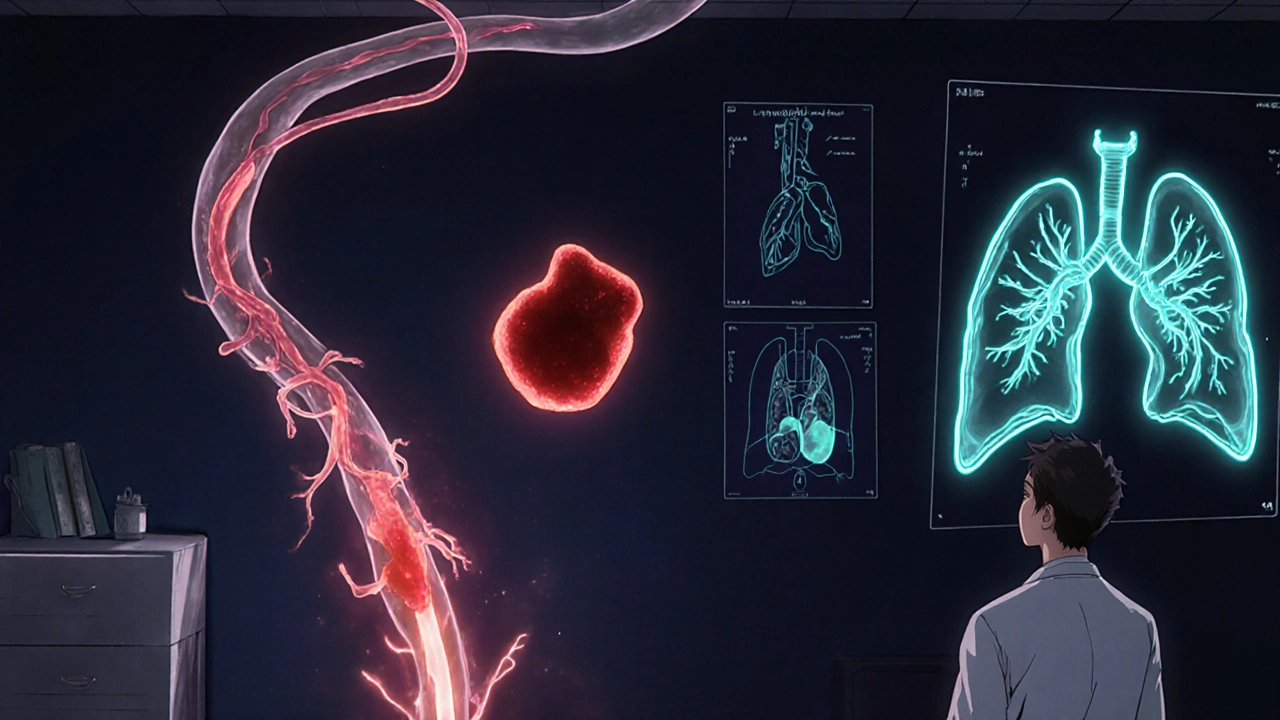 Blood clot moves from leg vein into lung arteries, highlighted in a stylized scan.