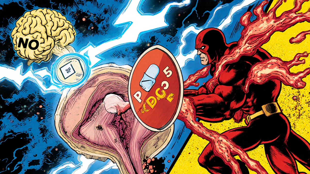 Comic scene of brain sending NO signal, sildenafil blocking PDE5, blood flowing.