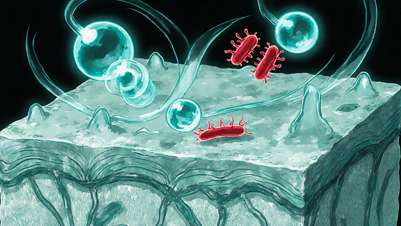 Cross‑section of skin showing glowing drug molecules targeting red bacteria.