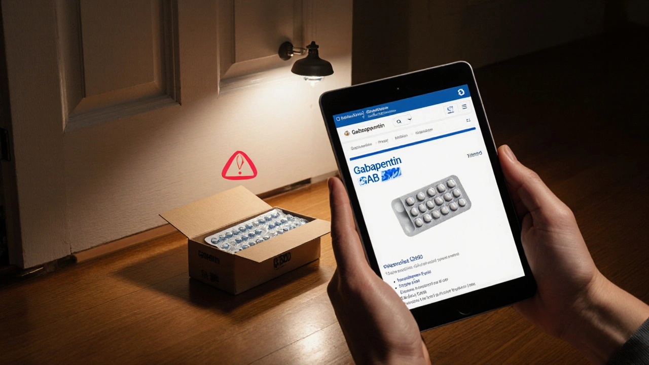 Delivery box opened to show gabapentin pills compared with a reference image.