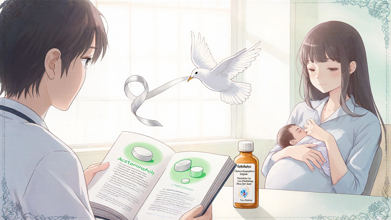 Doctor advising a pregnant woman about safe pain relievers, with a nursing mother nearby.