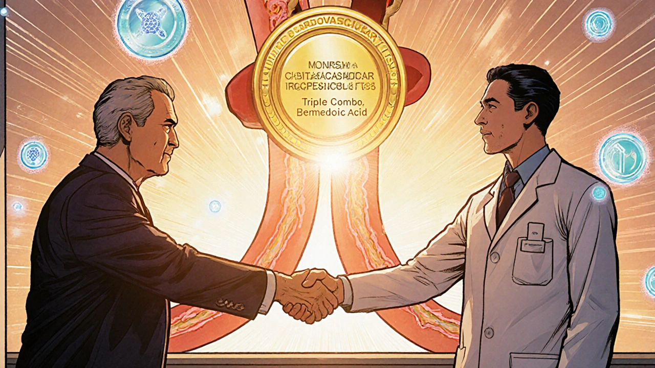 Doctor and patient celebrate with healthy artery and medal.