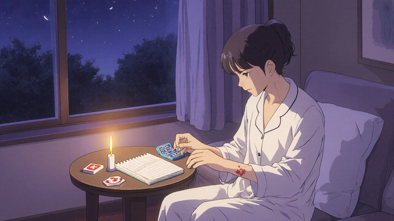Evening scene of a patient logging symptoms, refilling pills, and checking a bruise.