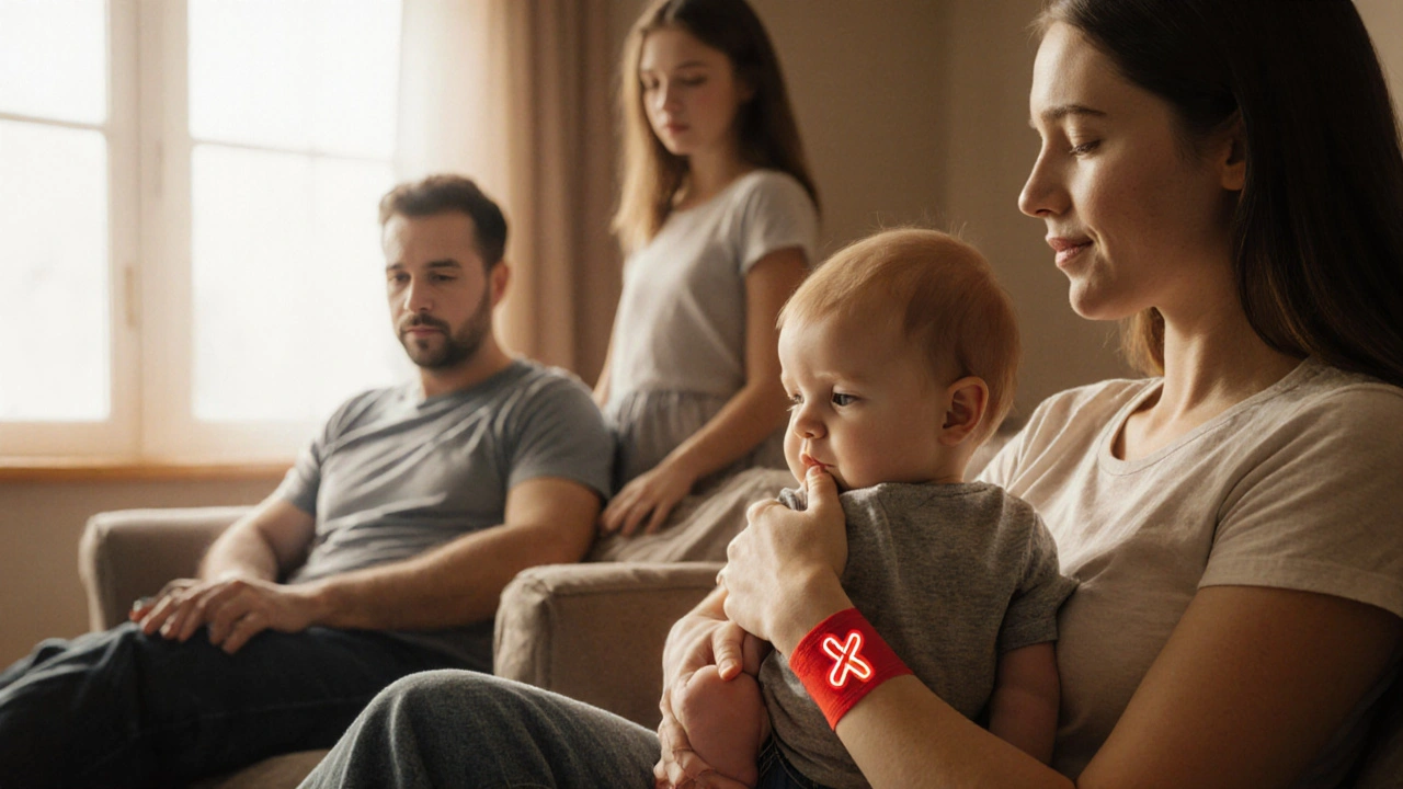 Family portrait showing mother caring for infant boy, subtle carrier X chromosome hint.