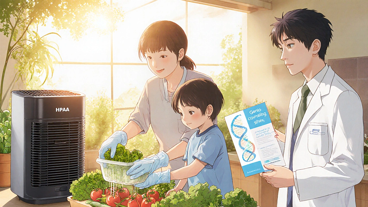 Family practicing safe gardening and indoor air care, guided by a doctor, in hopeful anime illustration.
