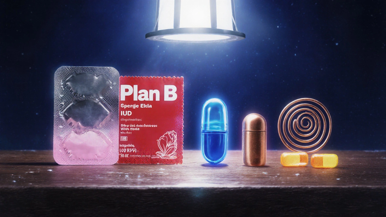 Five emergency contraceptives displayed as glowing talismans on a table.