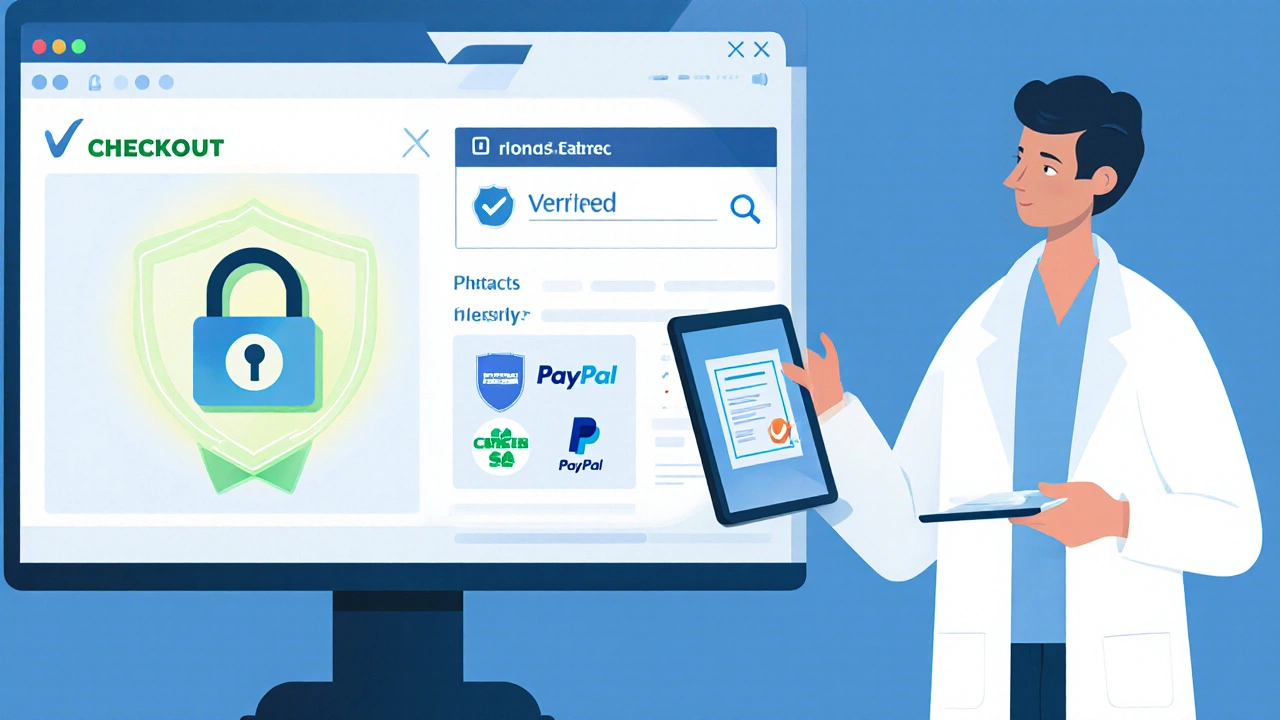 Flat‑design image of a secure online pharmacy checkout with verification symbols and a pharmacist.
