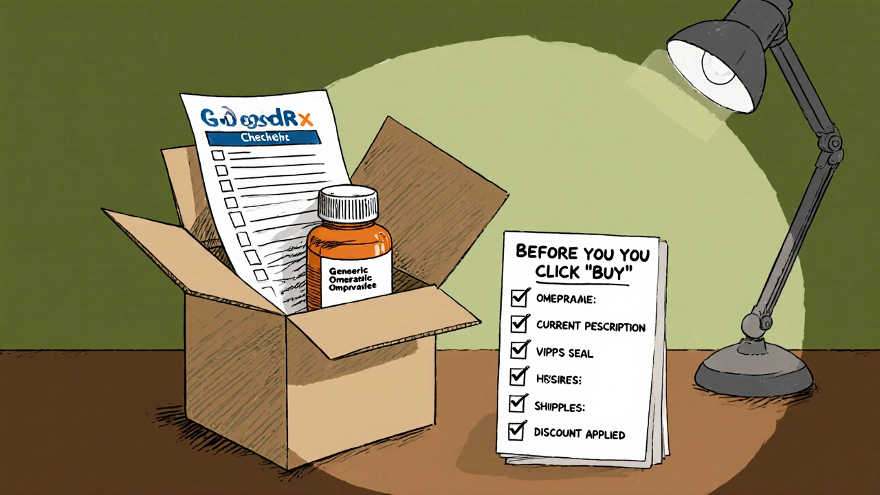 Flat lay of medication bottle, GoodRx coupon, and checklist before buying generic Prilosec.