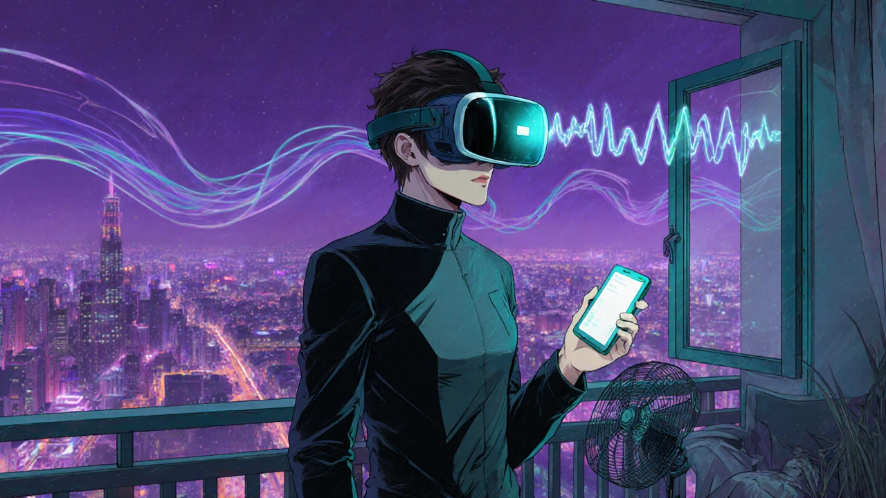 Future scene of a player holding a dimenhydrinate tablet near advanced VR hardware and a city skyline.