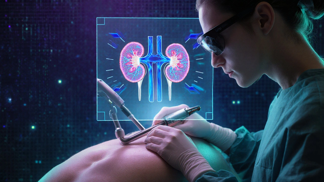 Futuristic AI overlay guiding a single‑port robotic kidney operation.