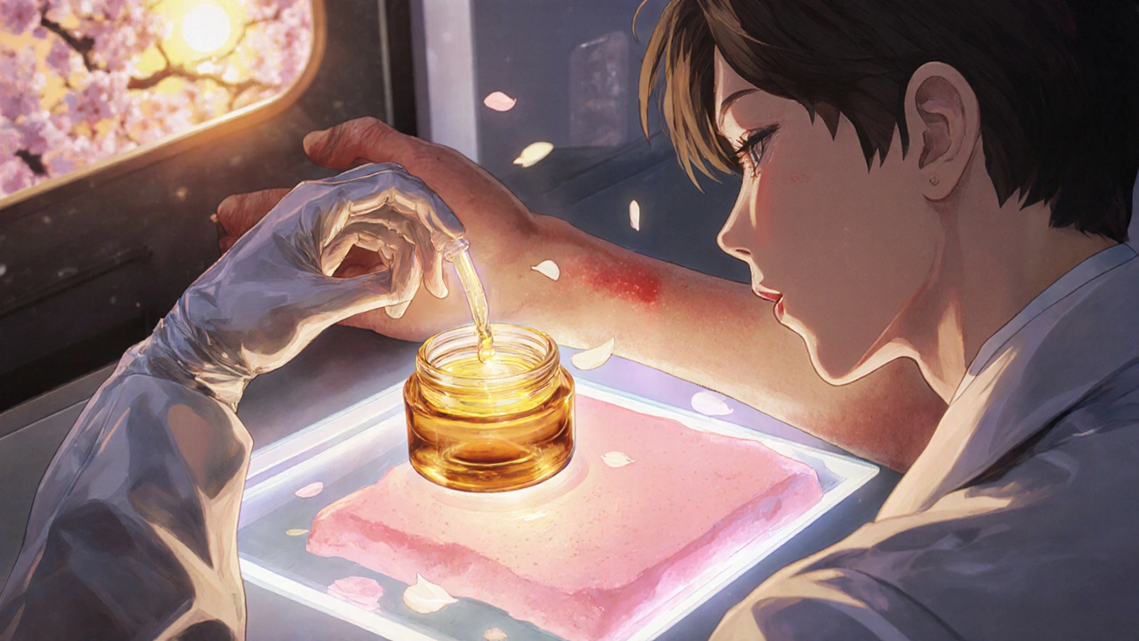 Futuristic lab with a researcher preparing glowing minocycline gel and healed skin.