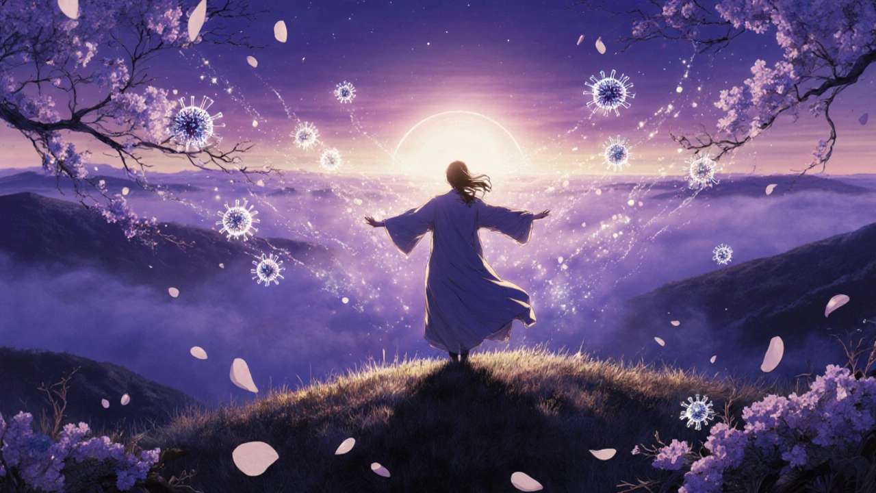 Hopeful patient surrounded by glowing symbols of viral suppression in ethereal art.