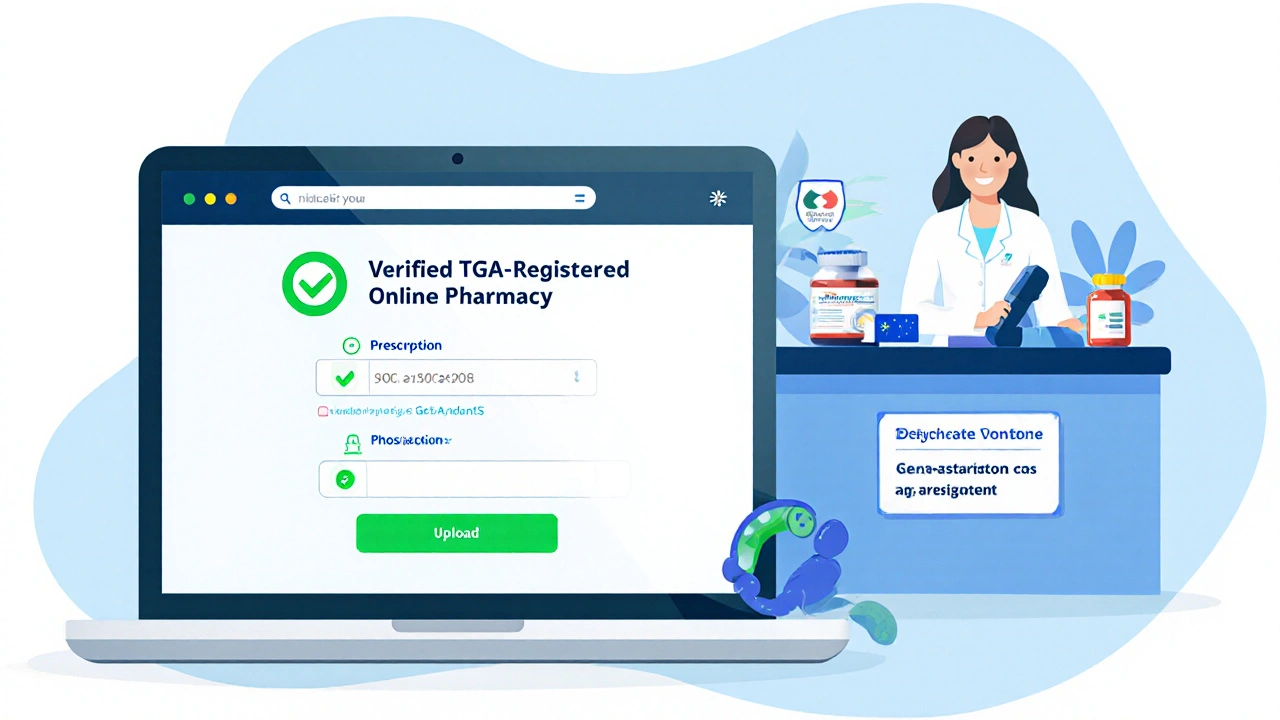 Illustration of laptop showing TGA‑registered pharmacy page and pharmacist counter with generic pills.