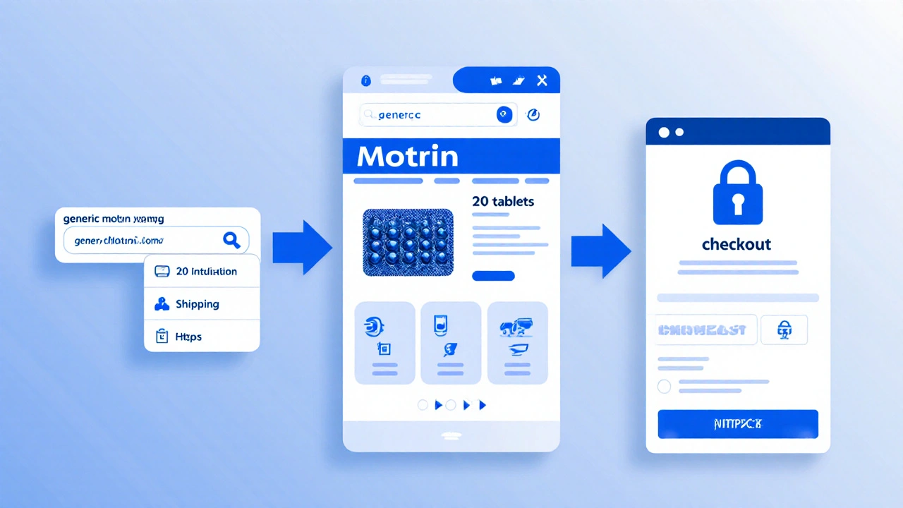 Illustration of online ordering steps for generic Motrin with product and secure checkout icons.