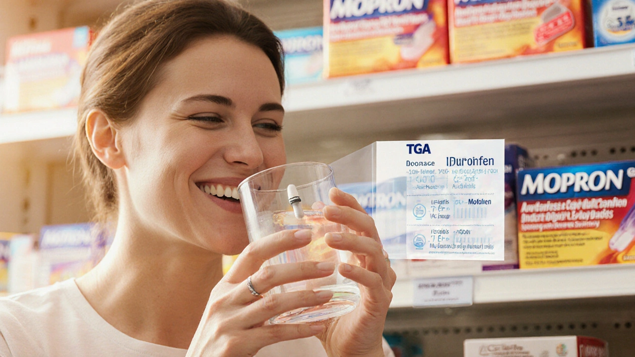 Individual taking a Motrin tablet, smiling, surrounded by pharmacy bottles and dosage icons.