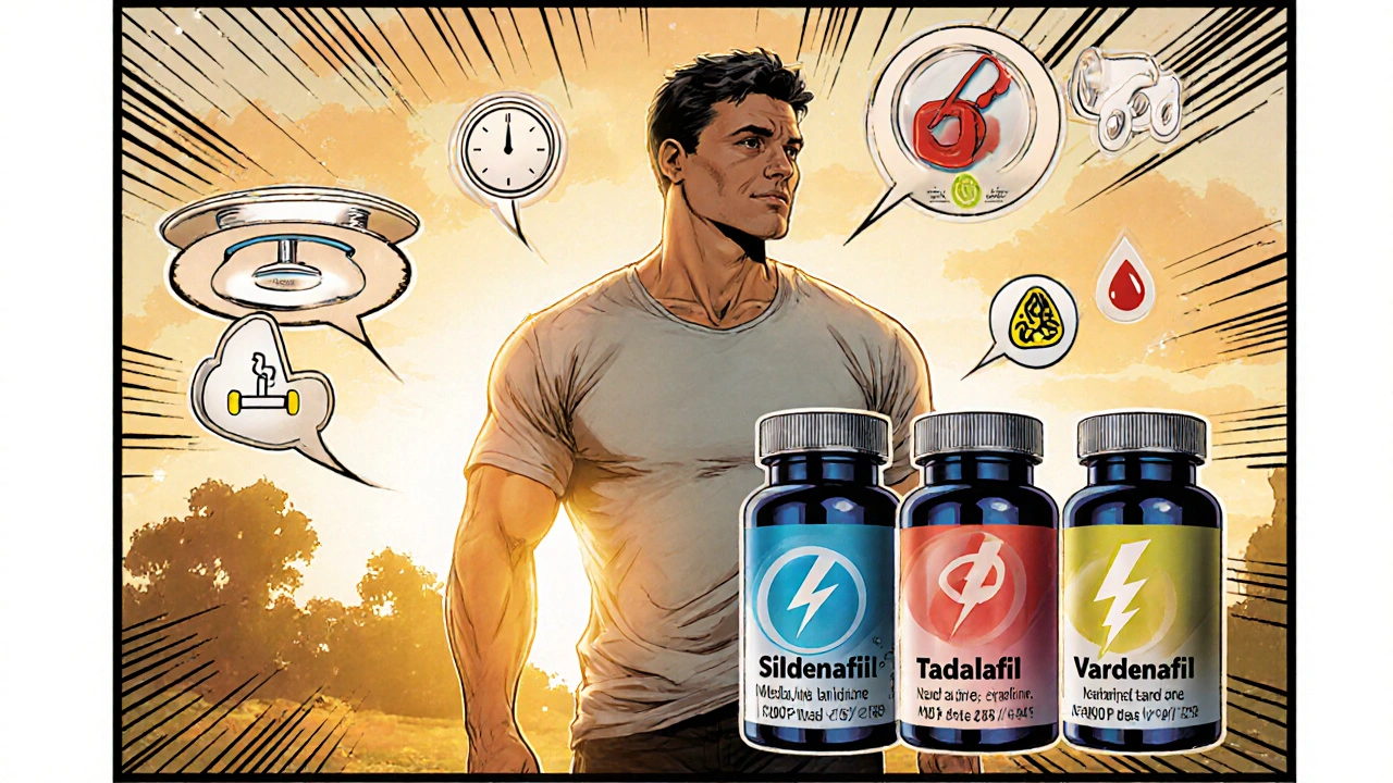 Man exercising with pill bottles and icons for healthy lifestyle and ED meds.