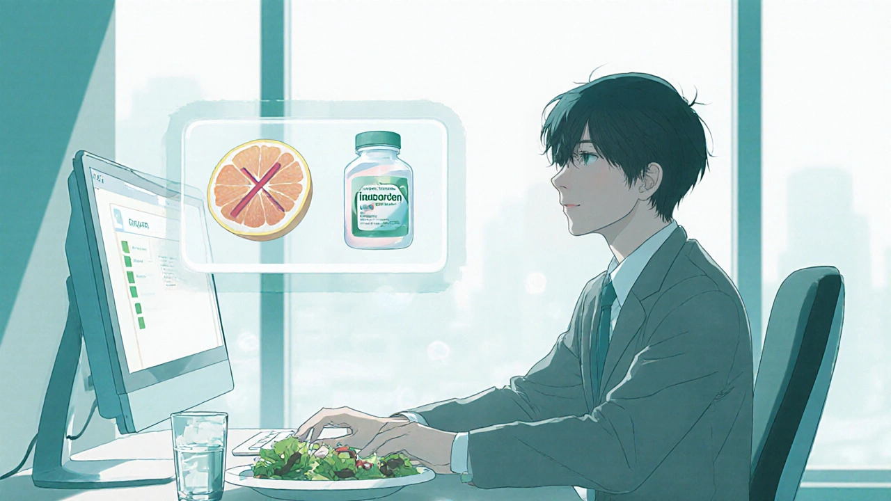 Office scene showing a patient reviewing medication, water, and food interaction reminders.