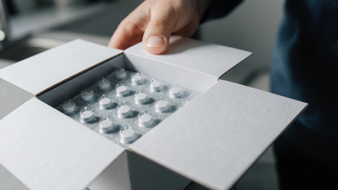 Opened box displaying sealed blister pack of loratadine tablets.