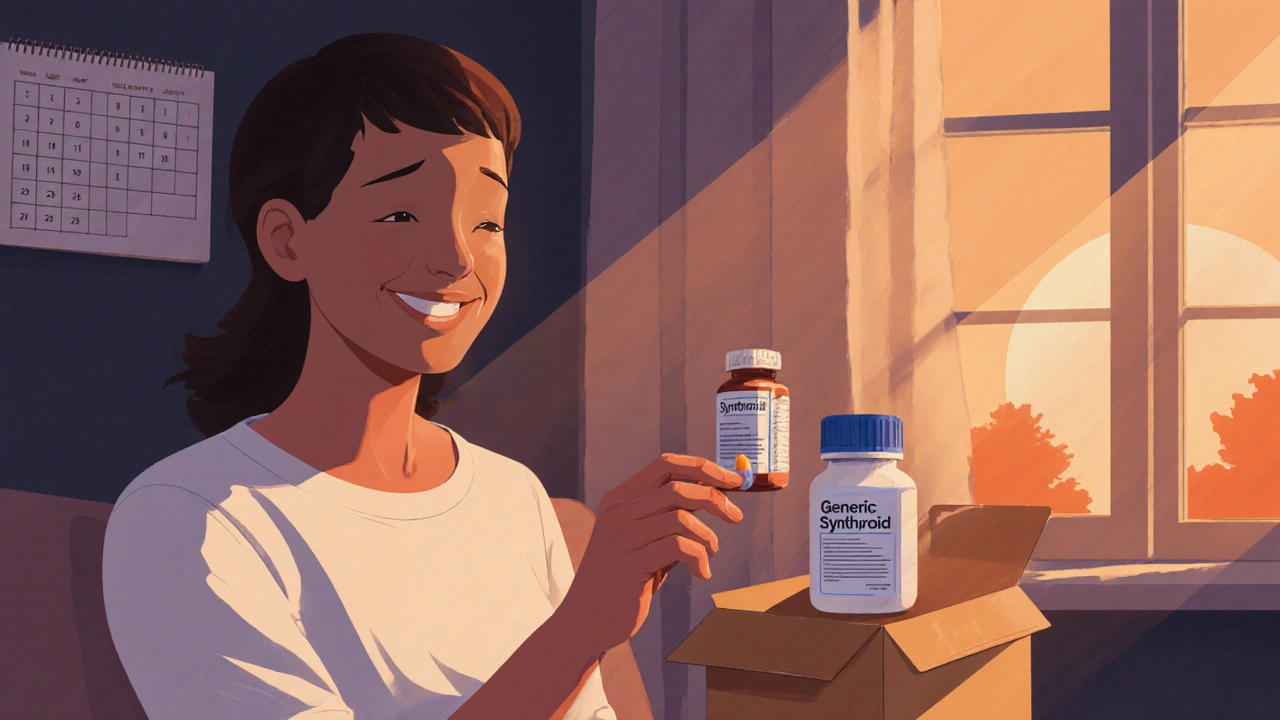 Patient opening a delivery box with Synthroid bottle in a warm home setting, checking a pill.