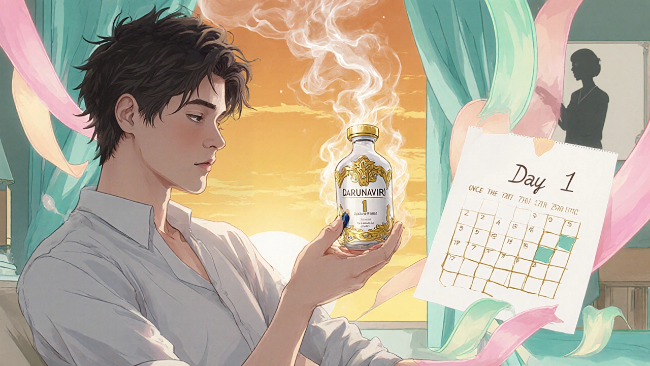 Patient taking a single daily darunavir pill, shown in elegant manga style.