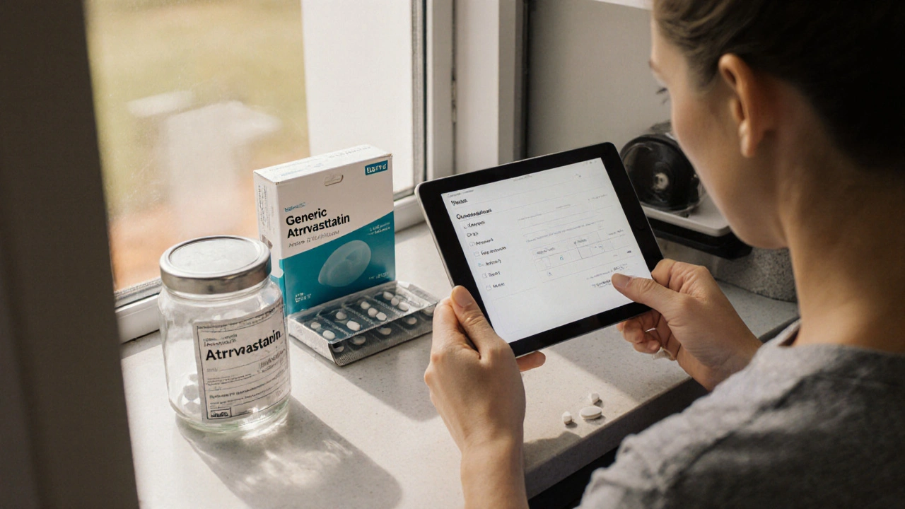 Person opening a delivery box, checking generic atorvastatin label, and storing pills safely.
