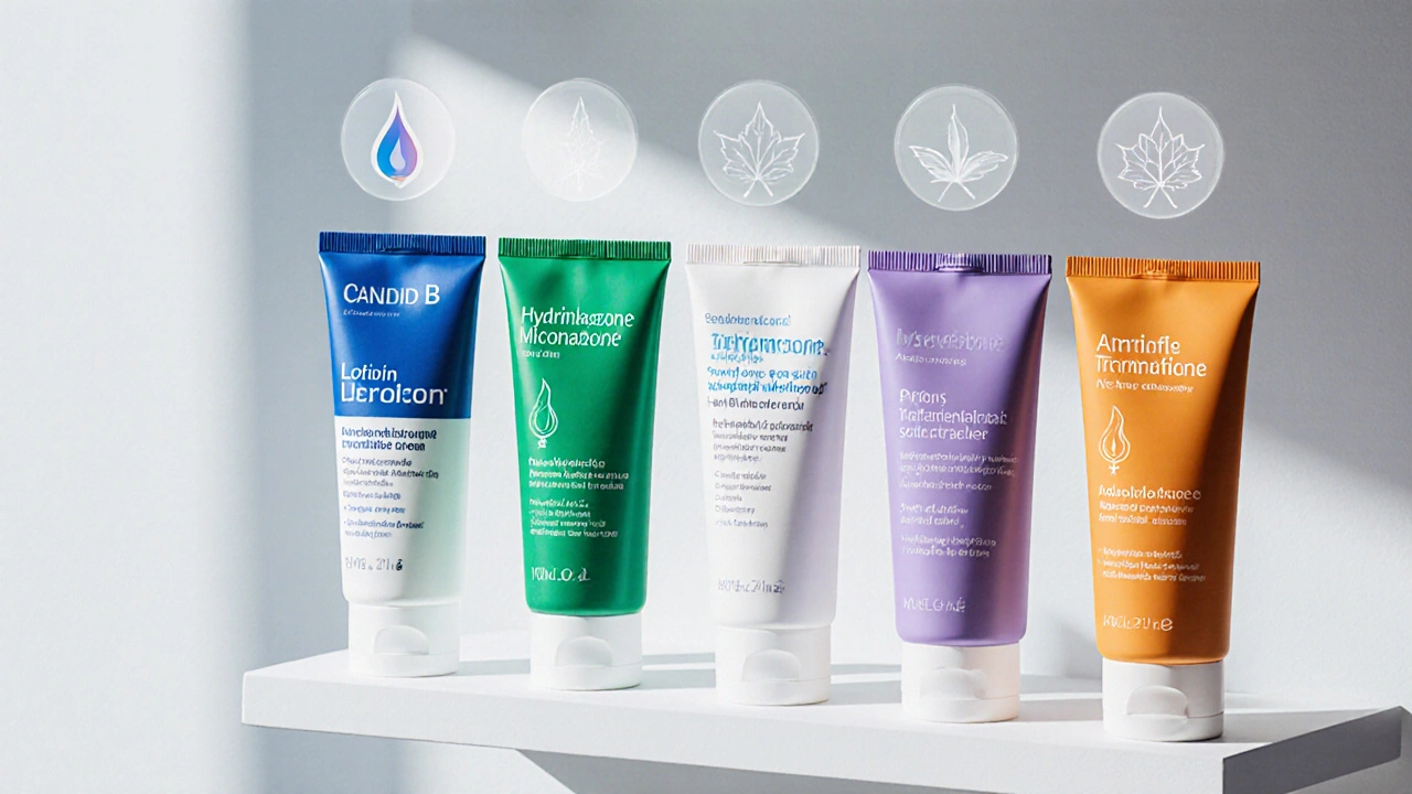 Pharmacy shelf showing five unlabeled cream tubes with color‑coded icons for steroid and antifungal.