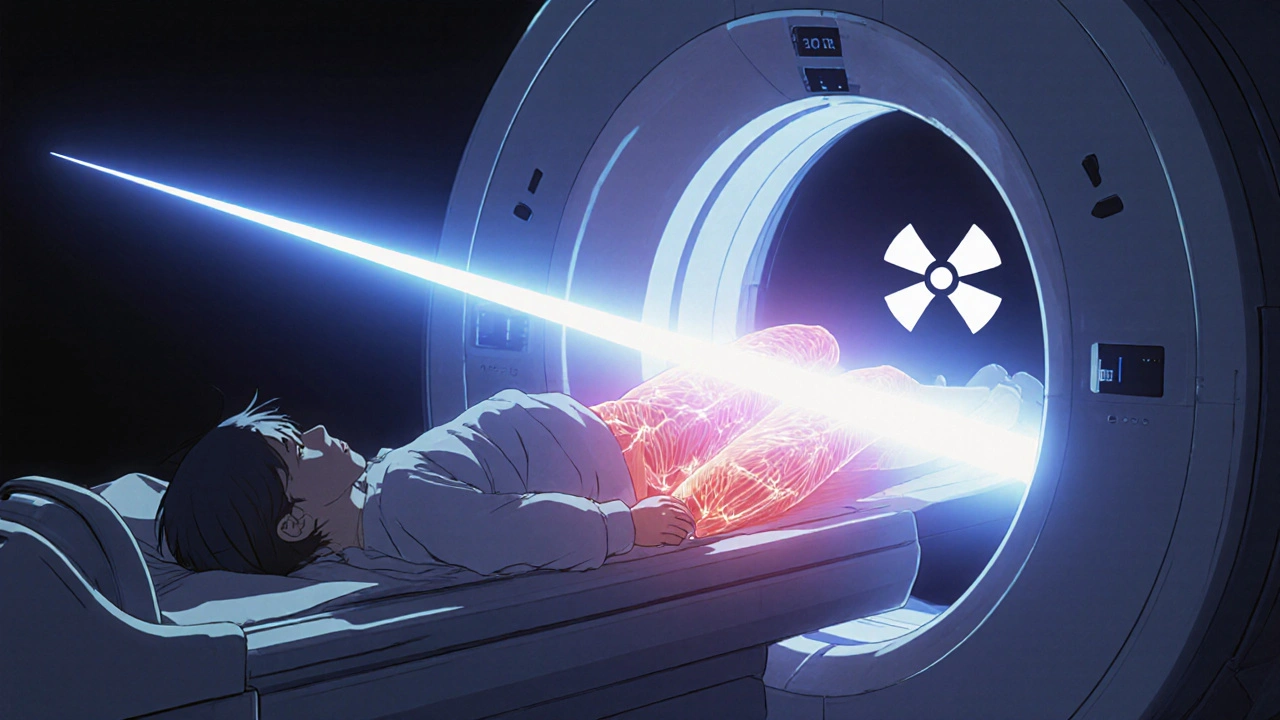 Radiating beam from a medical scanner striking a child's muscle cells, rendered in Amano manga style.
