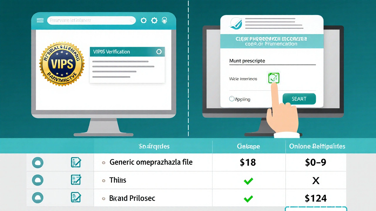 Split-screen showing a pharmacy website with VIPPS seal and a prescription upload, plus price comparison.
