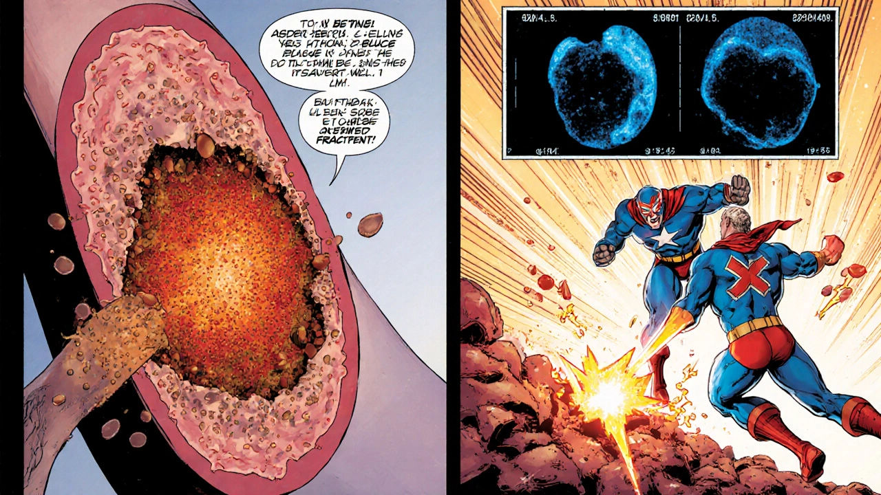 Superhero duo fights plaque in artery while IVUS scan glows.