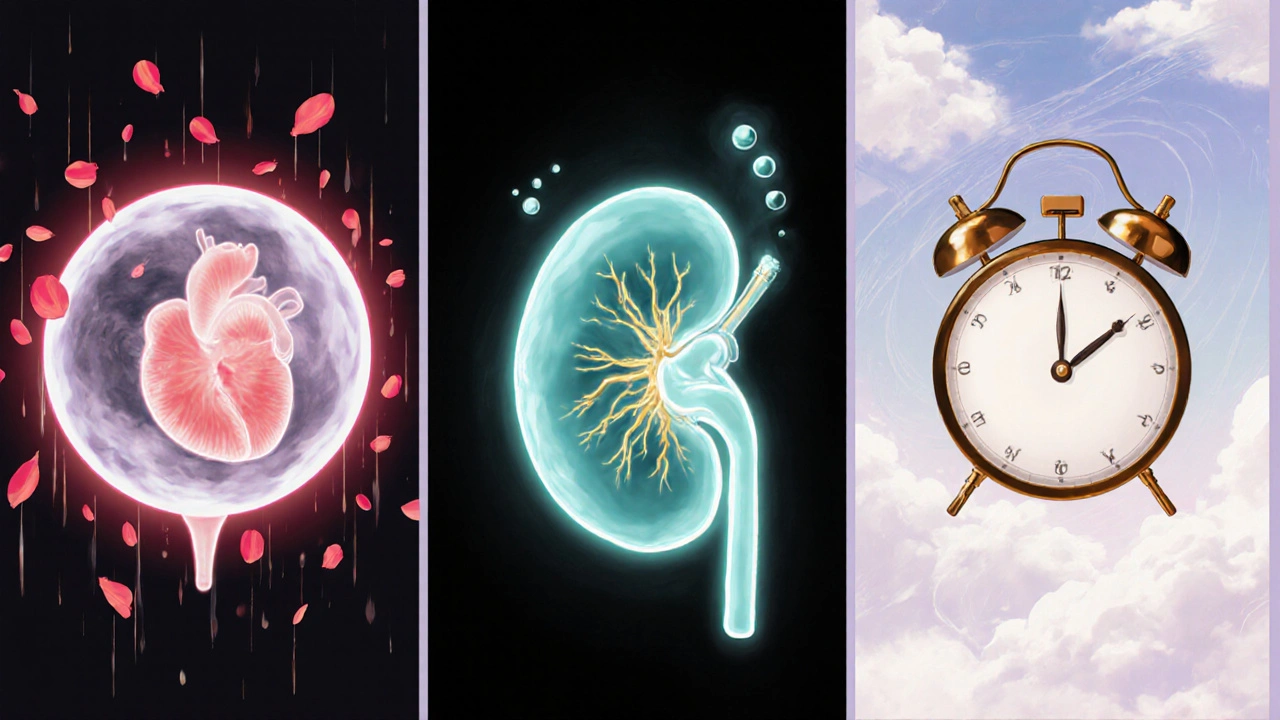Triptych showing pregnancy trimesters with risks of ketorolac in ethereal anime art.