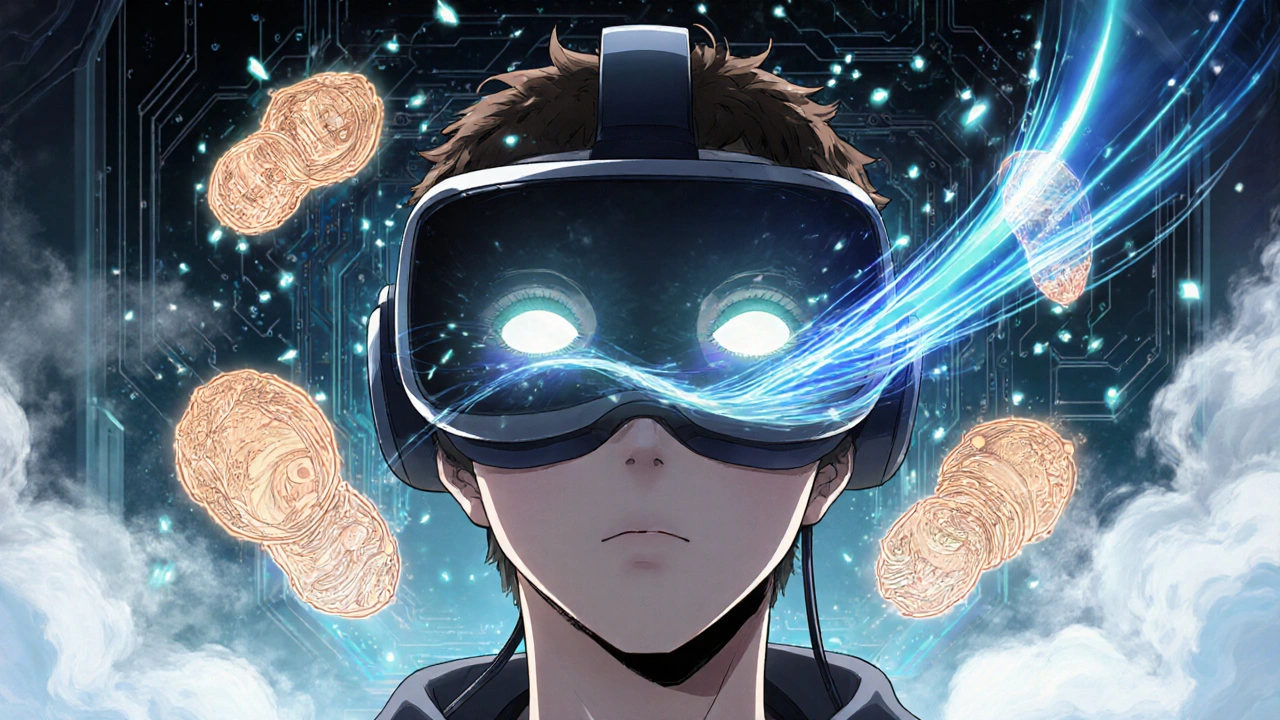 VR player with visual and vestibular organs illustrated as swirling, contrasting light patterns.