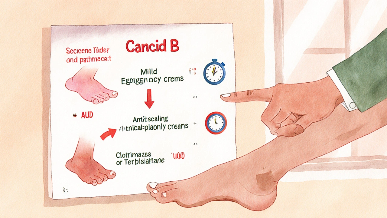 Watercolor illustration of a pharmacist guiding a patient through treatment options with price and safety notes.