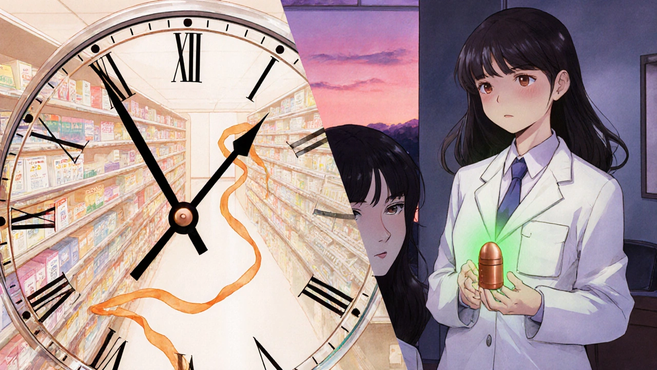 Woman choosing between OTC pills and a copper IUD with a clock showing 48 hours.