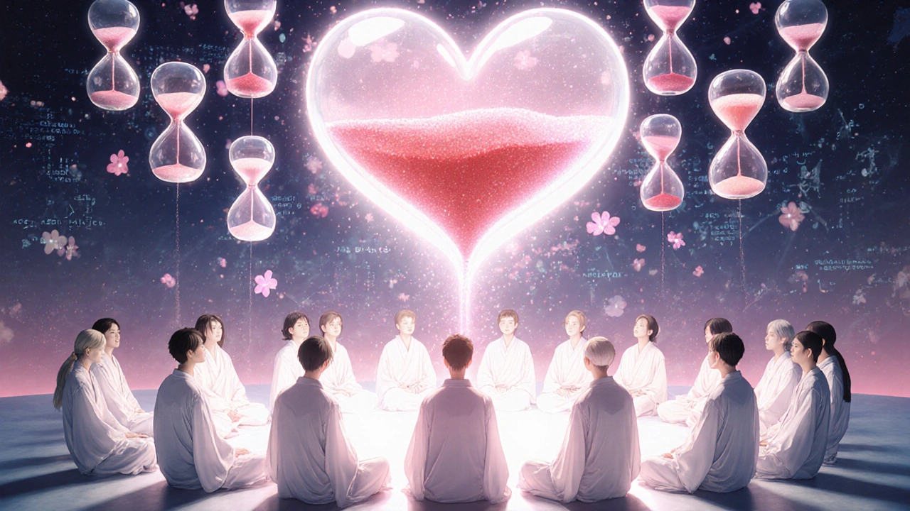 24 volunteers in white robes in a circular chamber, blood vessels pulsing with light as hourglasses pour sand into a heart-shaped vial.