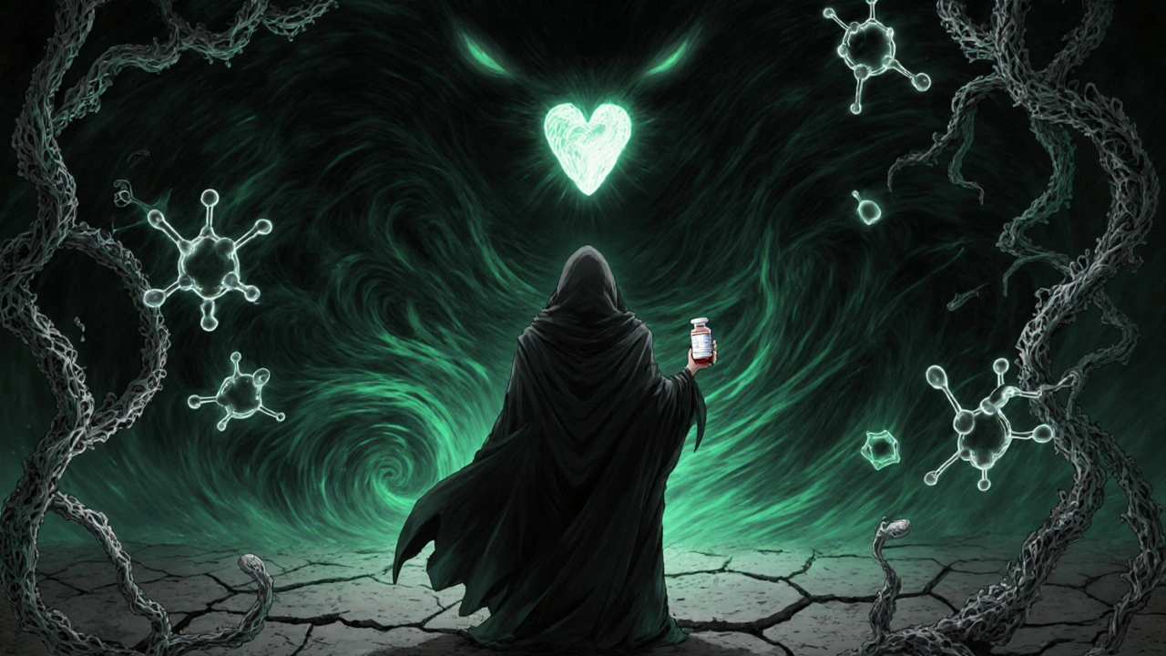 A cloaked figure faces a dark C. difficile entity, with antibiotic molecules entwined in silver vines under eerie light.