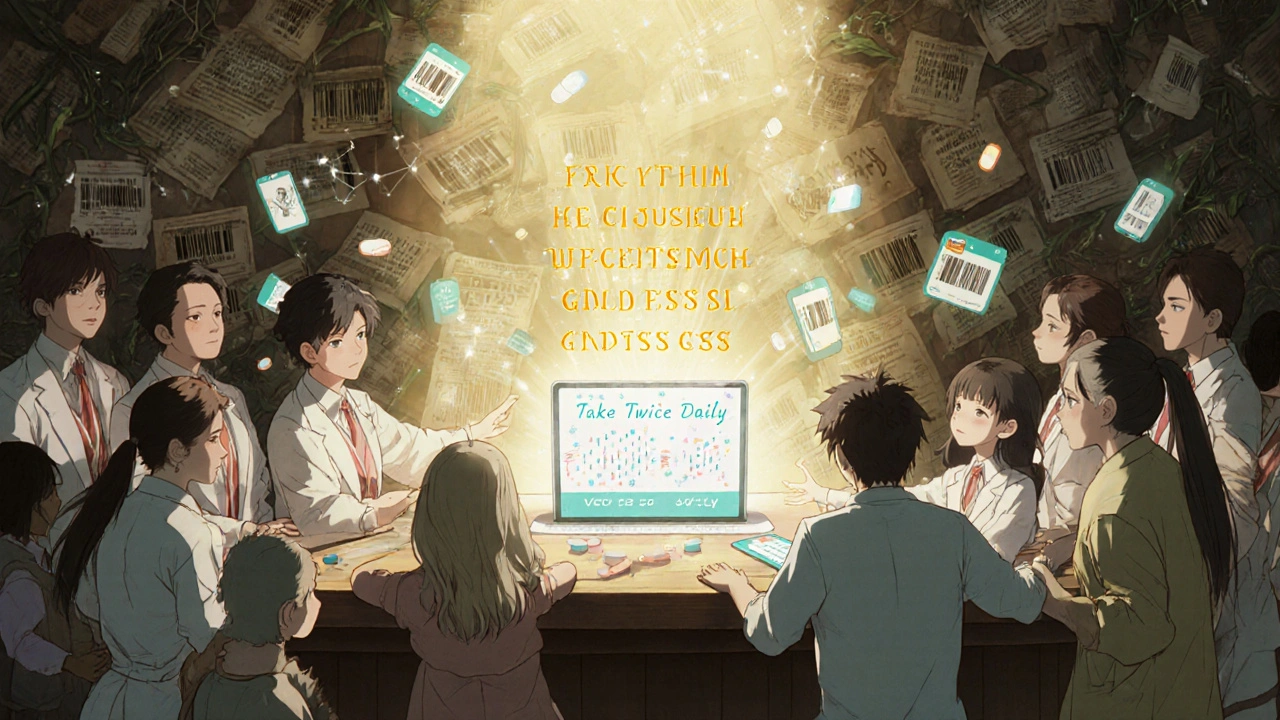 A digital tablet transforms Latin labels into clear English instructions as patients reach toward the light.