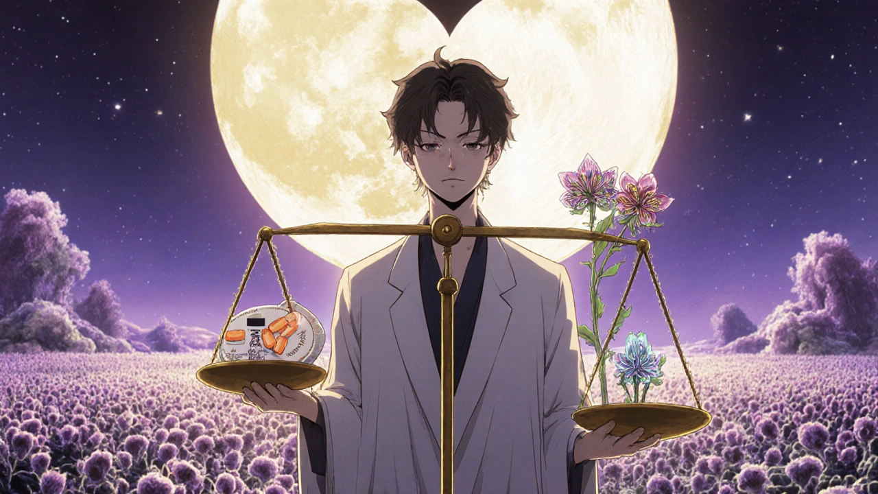 A doctor balances antibiotic symbols as flowers, against a landscape of blooming bacterial flora under twin moons.