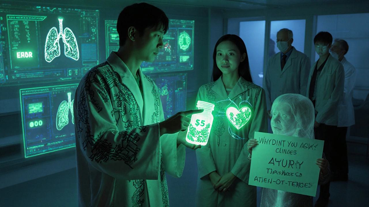 A doctor sees a green cost alert as a patient smiles, heart-shaped vines growing from their pill bottle, while others turn away.