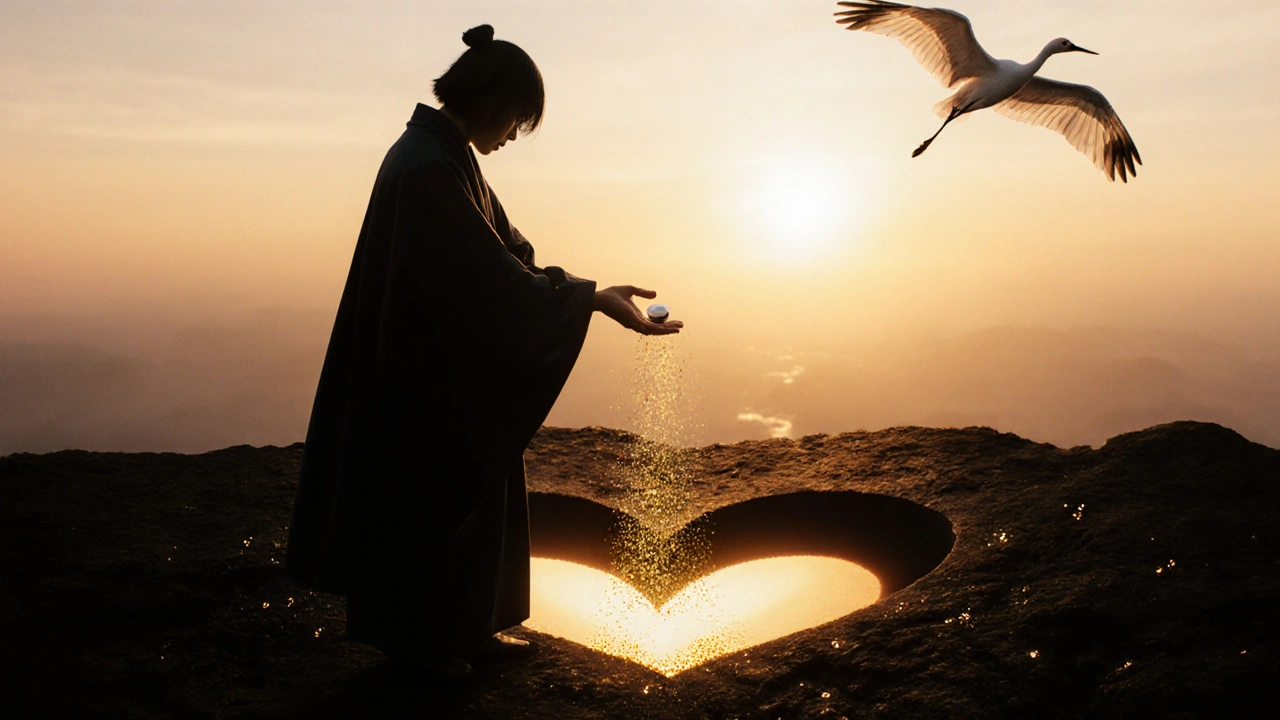 A figure dissolving an aspirin into golden dust atop a cliff, with a shadowy heart below and a crane flying toward sunrise.