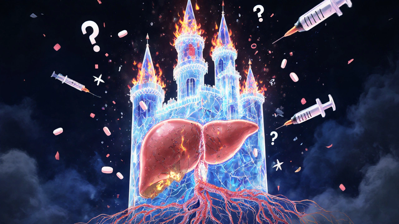 A fractured crystal liver under siege by alcohol flames and medical pills, surrounded by falling cherry blossoms and warning lights.