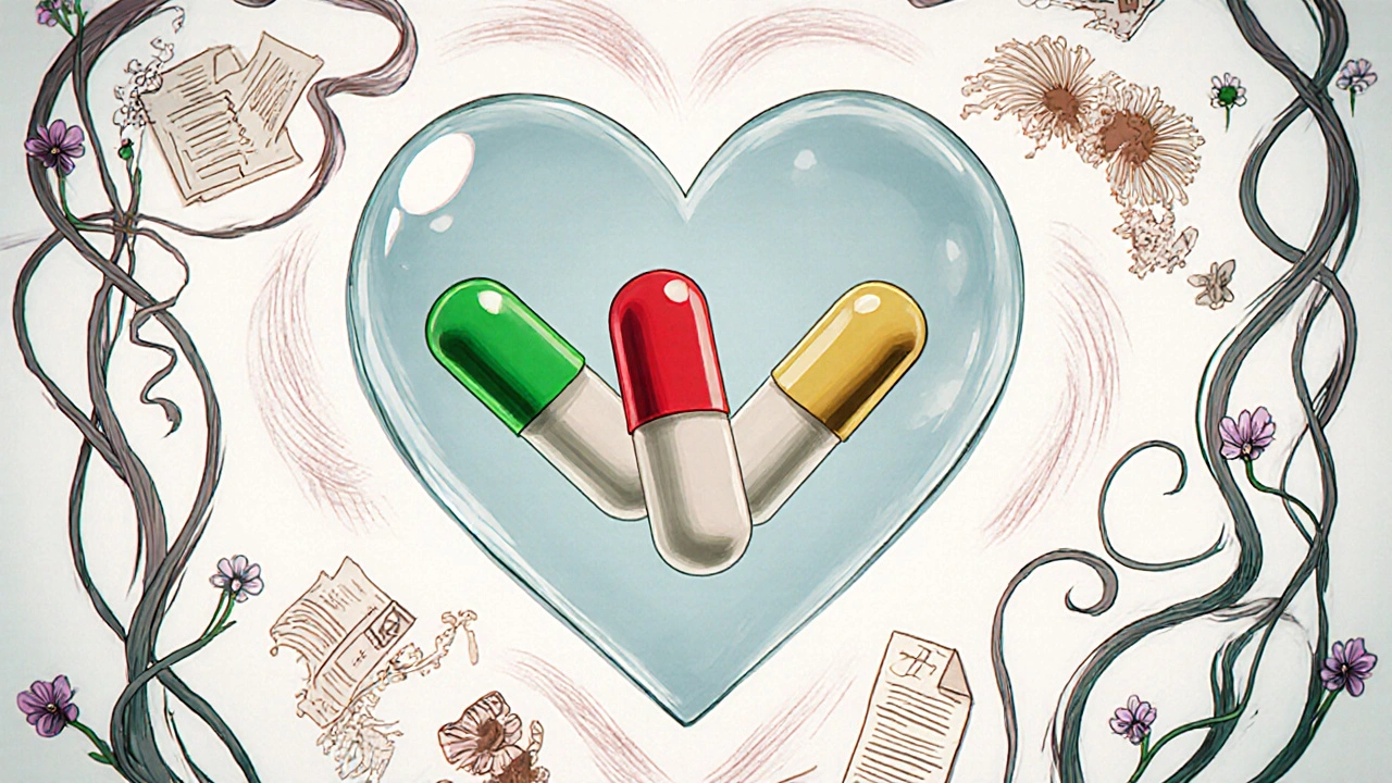 A glass heart contains three glowing pills representing safety, shortage, and profit, encircled by global map vines.