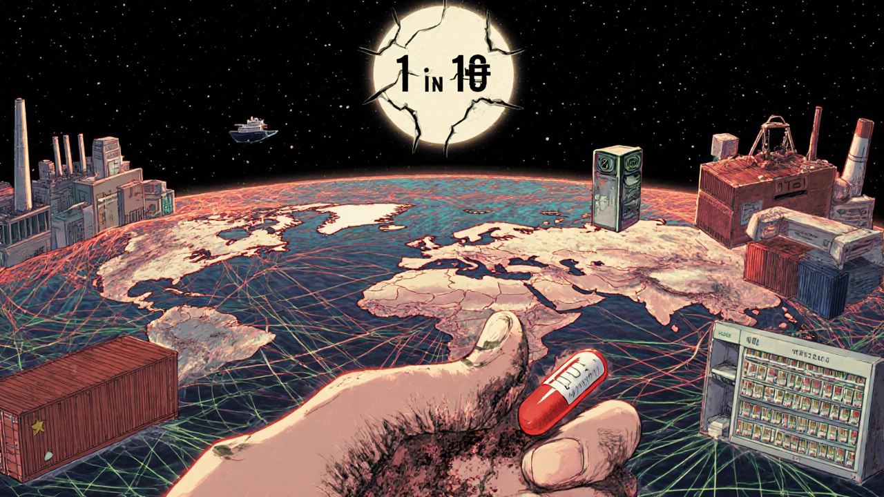 A global network of glowing toxic threads connecting factories to pharmacies, with a dissolving hand reaching for a pill.