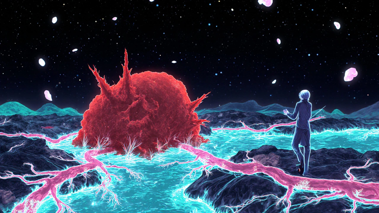 A glowing lung artery blocked by a crimson clot, seen as a surreal landscape under a starry void.