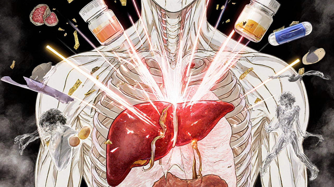 A human torso as a stained-glass cathedral, with liver glowing as statins and grapefruit juice collide, releasing toxic crystals.